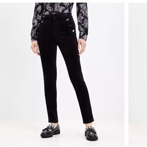 Loft Curvy Fit Mariner Black Velvet High-Waisted Button Detail Pants Size 28
